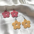 Red or yellow gingham checkerboard flower earrings