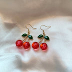 Cool quirky pink/ red 3D cherry gold earrings