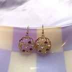 White, purple and gold circle flower earrings