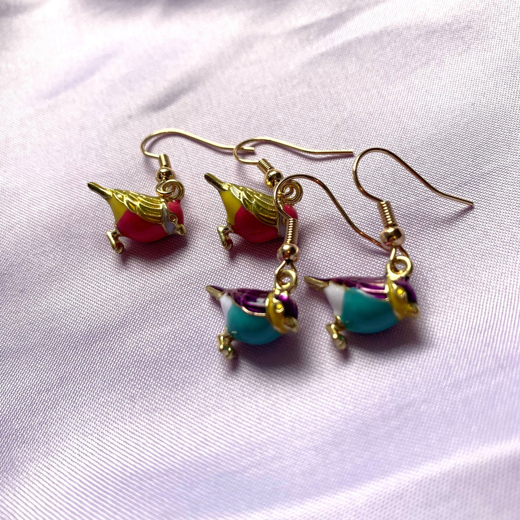 Blue or pink bird budgie gold dangle earrings