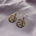 White, purple and gold circle flower earrings