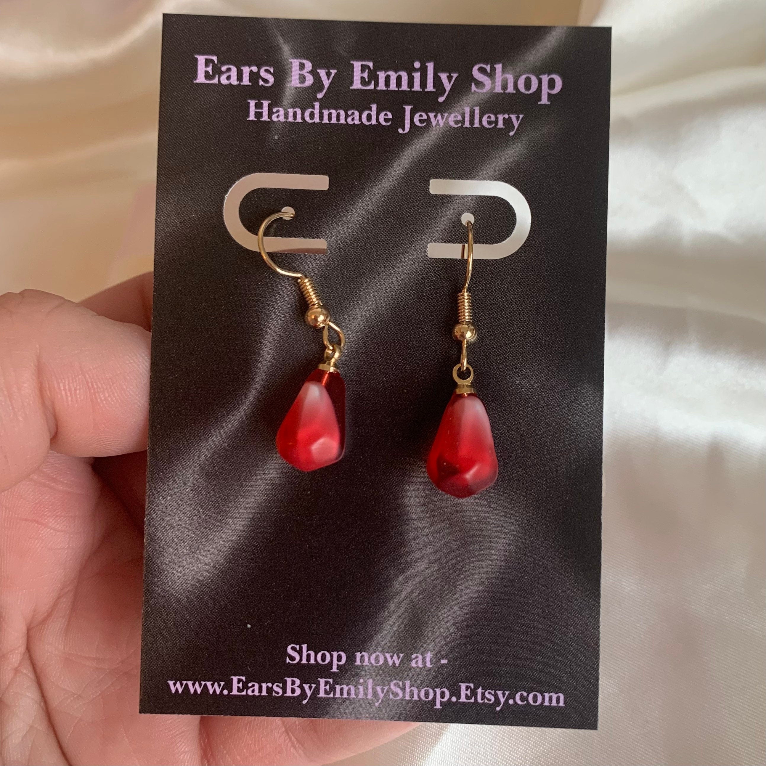 Red pink pomegranate fruit seed gold earrings