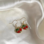 Red cherry in gold heart dangle earrings