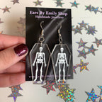 Acrylic silver plated skeleton coffin Halloween earrings