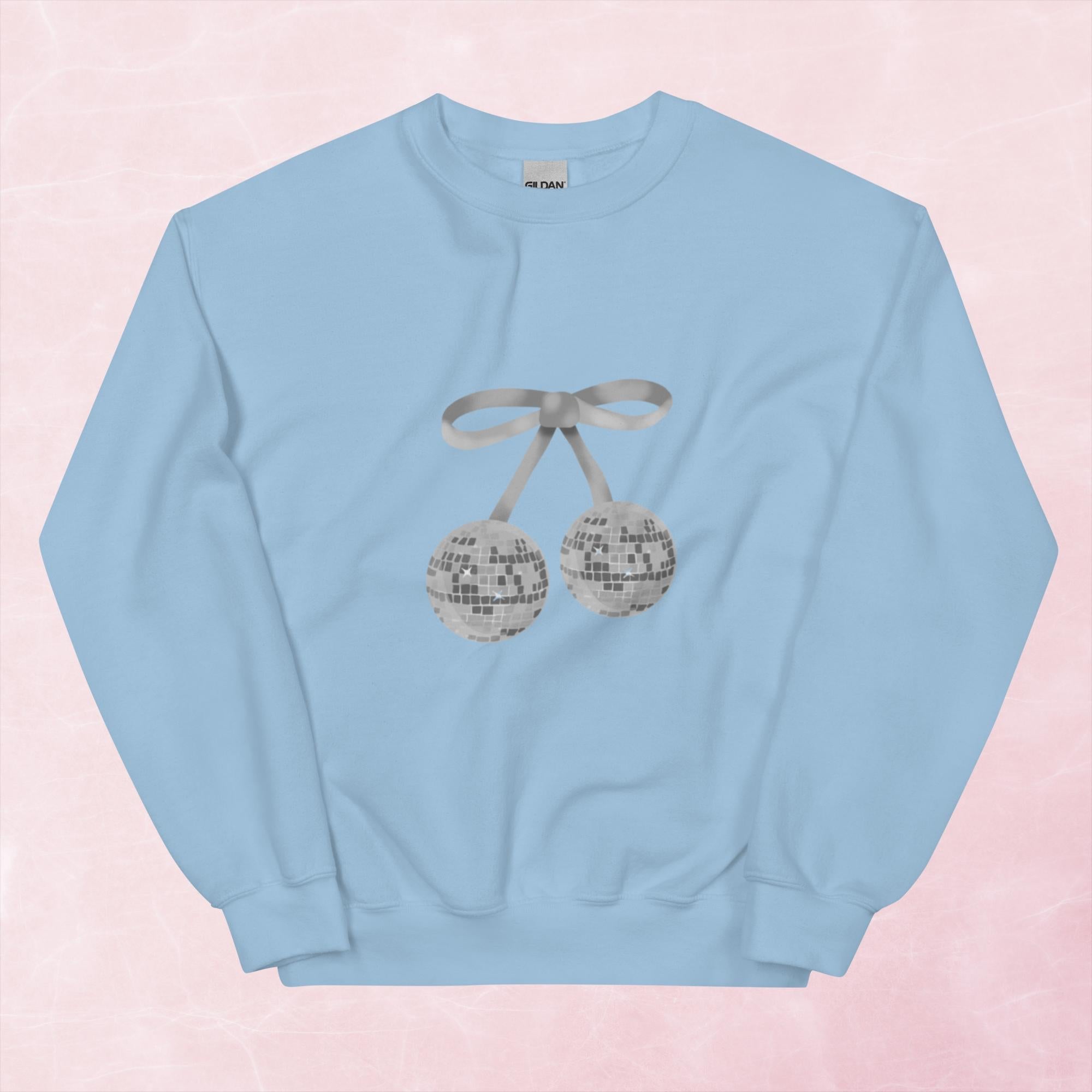 Cool hand illustrated silver cherry bow disco ball unisex graphic sweatshirt jumper