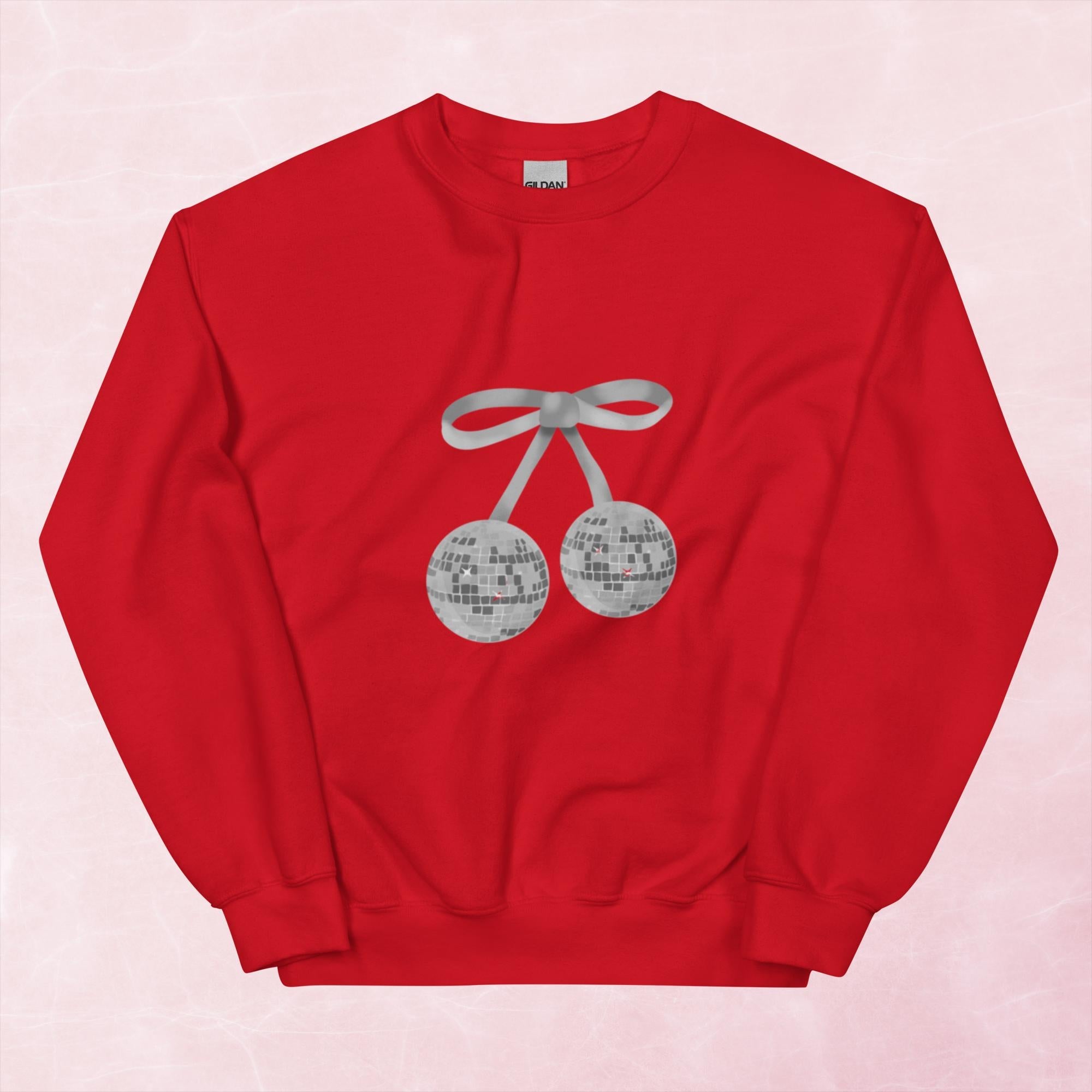 Cool hand illustrated silver cherry bow disco ball unisex graphic sweatshirt jumper