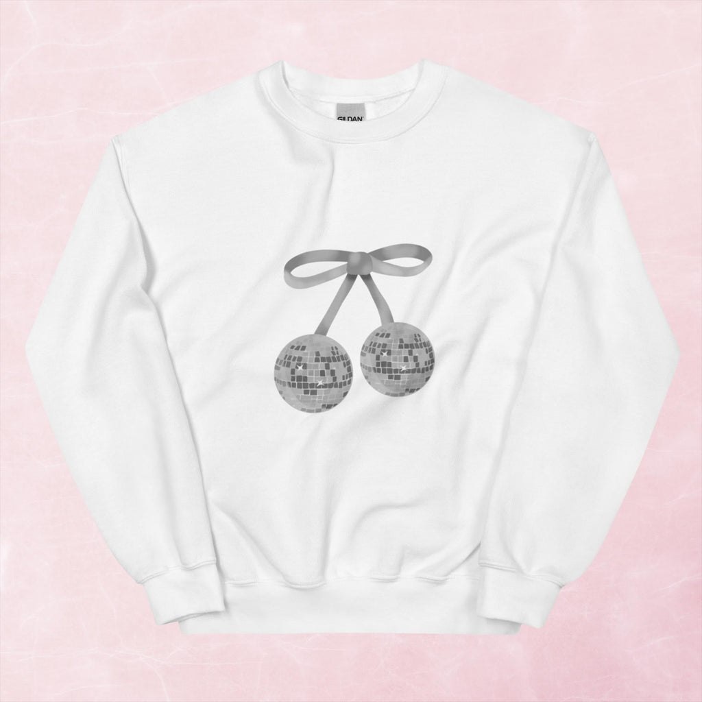 Cool hand illustrated silver cherry bow disco ball unisex graphic sweatshirt jumper